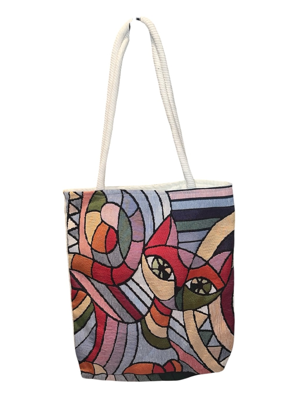 Multicolor Abstract Cat Pattern Tote Bag - White Handles